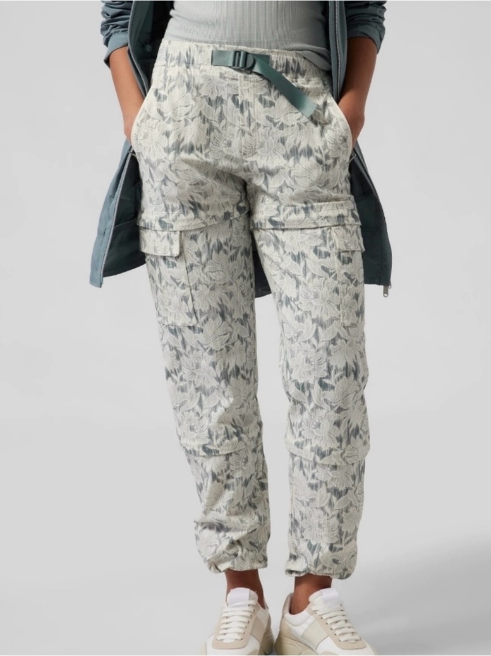 Athleta Floral Cargo Joggers in Light Gray and Off-White